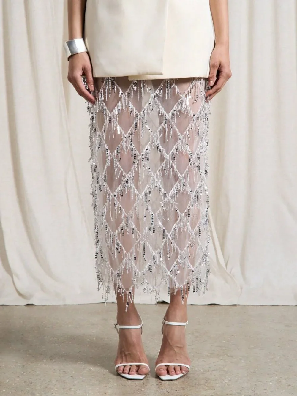 White Chic Women's Pencil Maxi Skirt with Crystal Net Overlay Lattice